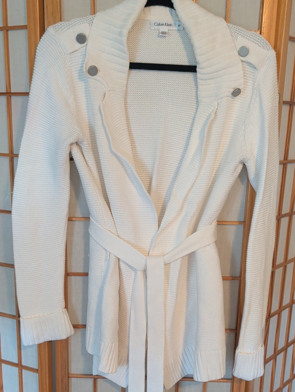 Calvin Klein White Knit Shawl-Collar Belted Cardigan